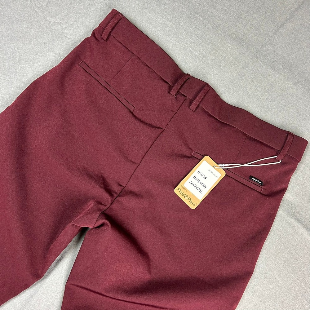 Plaid&Plain Dress Pants Skinny Fit Mens 34x26 Burgundy 6101# - Picture 1 of 12